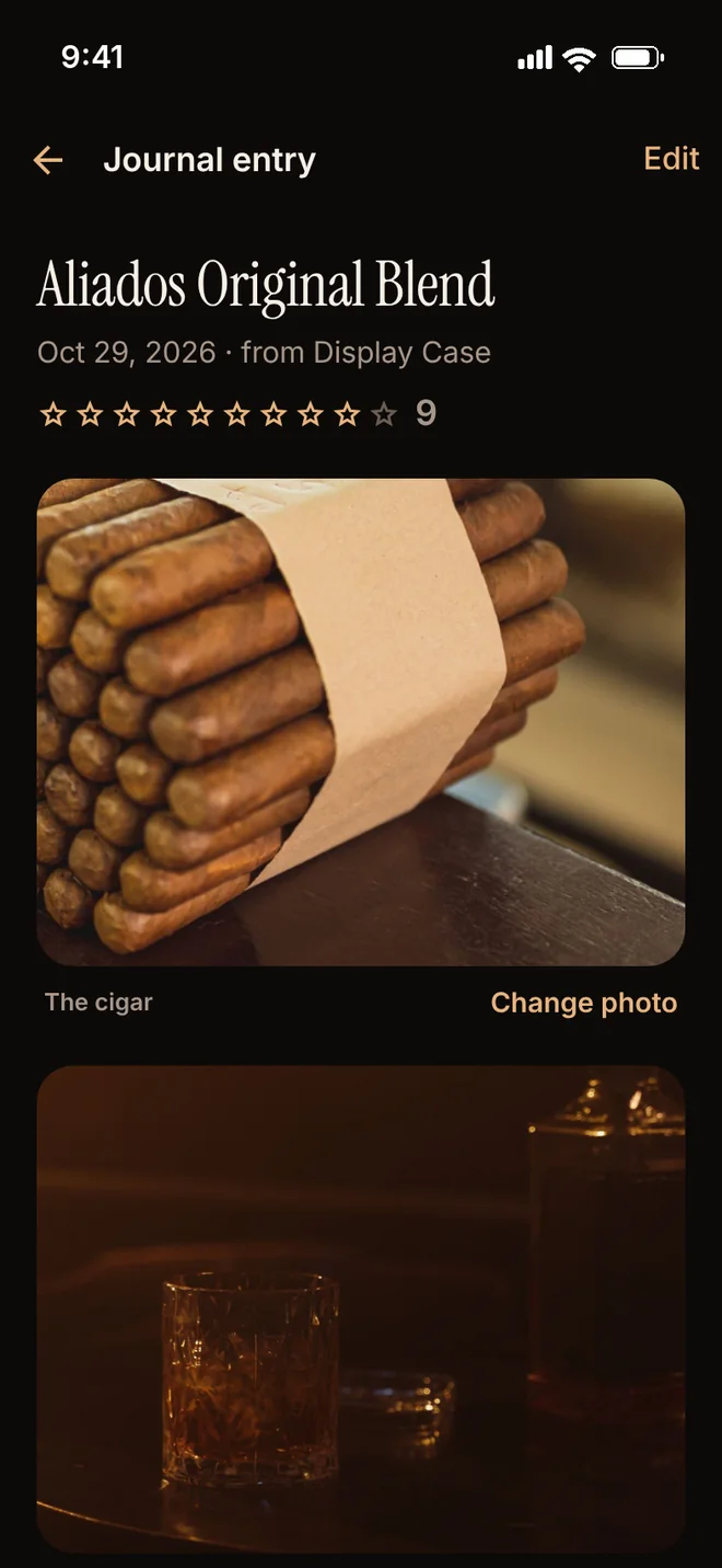 A journal entry rated nine stars out of ten, with a photo of the cigar's leaf and one of the evening